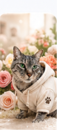 花畑背景のパーカー猫